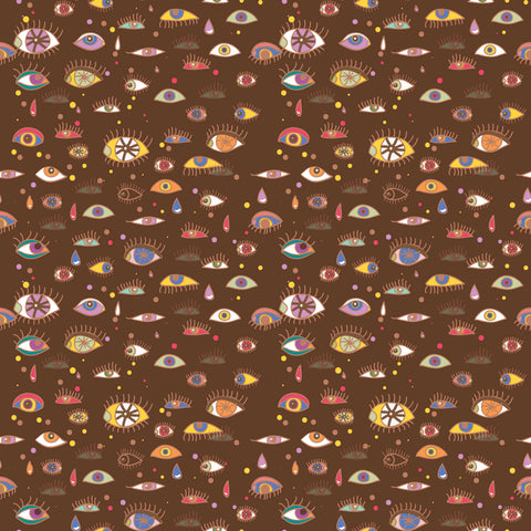 removable wallpaper with a pattern of various eyes in different colors on a brown background.
