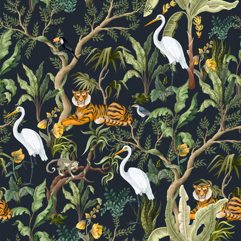 A wallpaper featuring a vibrant jungle scene with a tiger, swans, and various other animals among the foliage.