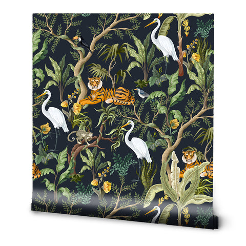 A roll of removable wallpaper with a tropical design featuring tigers, swans, and lush foliage on a dark background.