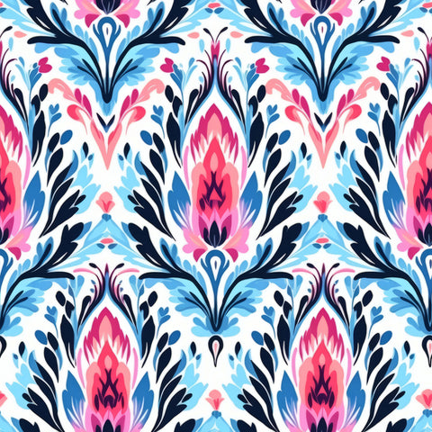 Vibrant floral wallpaper featuring pink, blue, and navy design, ideal for living room or bedroom walls.