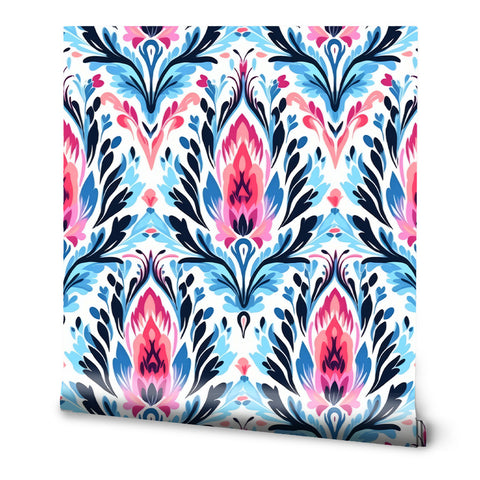 Vibrant floral wallpaper featuring pink, blue, and navy design, ideal for living room or bedroom walls.