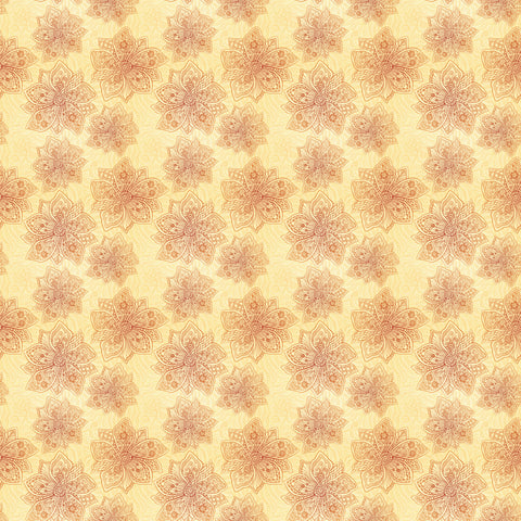 Wallpaper roll with repeating floral mandala pattern in warm orange and beige tones on a light yellow background