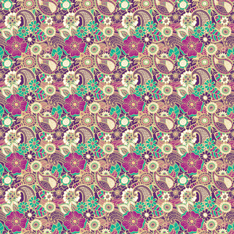 Colorful floral paisley wallpaper with intricate patterns in purple, green, yellow, and cream tones
