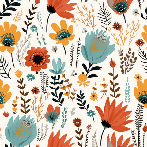 Floral wallpaper with orange, yellow, and teal flowers and dark brown leaves on a light cream base, with a hand-painted botanical style.