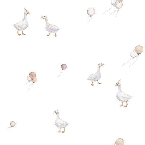 A wallpaper design featuring white geese and balloons in various shades of white and beige on a light background.