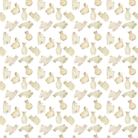 wallpaper with a pattern of cartoon llamas in beige and white colors.