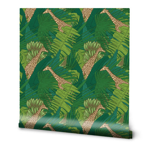 A roll of removable wallpaper featuring a pattern with giraffes and green foliage.