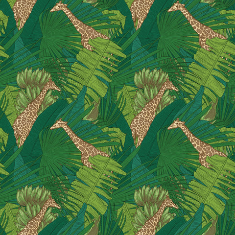 removable wallpaper featuring a pattern with giraffes and green foliage.
