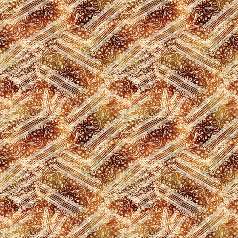 Abstract wallpaper pattern with golden brown brush strokes and ornamental floral details, textured artistic wall design