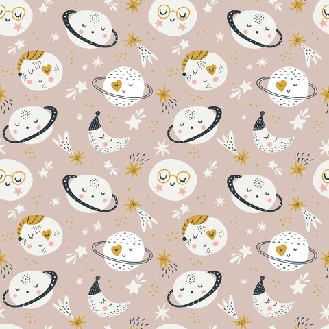 removable wallpaper with a pattern featuring moons, stars, and other space-themed elements on a pink background.