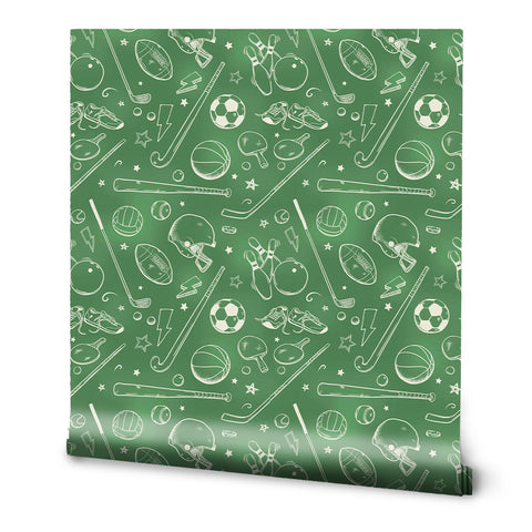 Green Sports Doodles Removable Wallpaper