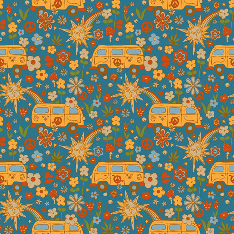 wallpaper with a retro pattern featuring flowers, stars, and vans in a vibrant color palette.