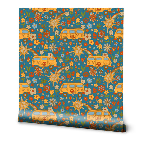 A roll of wallpaper with a retro pattern featuring flowers, stars, and vans in a vibrant color palette.