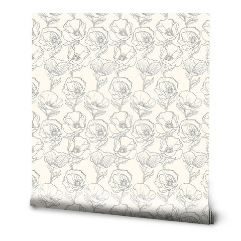A roll of beige wallpaper with a pattern of hand-drawn poppy flowers.