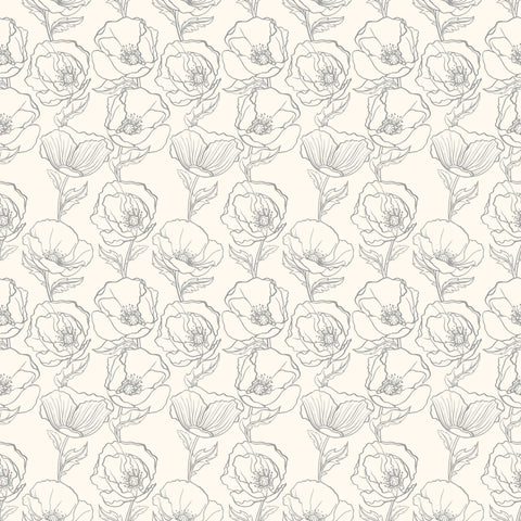 beige wallpaper with a pattern of hand-drawn poppy flowers.