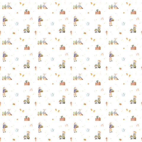 Wallpaper with a pattern featuring cute horticulturist rabbits in various gardening poses on a white background.