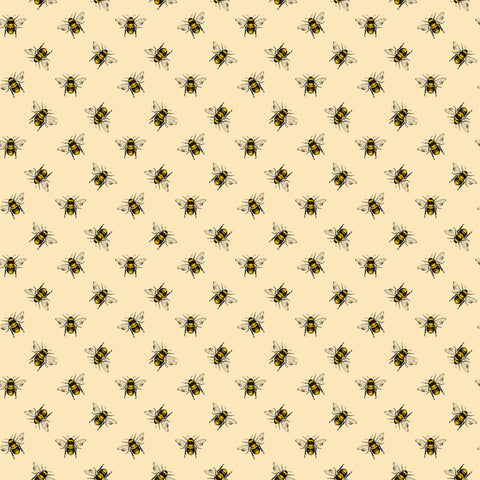 removable wallpaper with a pattern of yellow bees on a beige background.