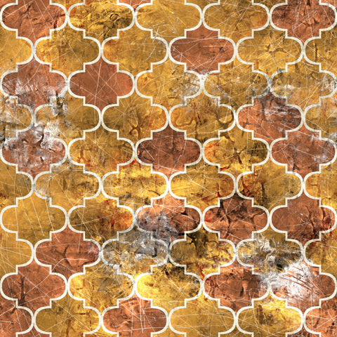Wallpaper with geometric quatrefoil pattern in warm shades of gold, orange, and brown with stone texture