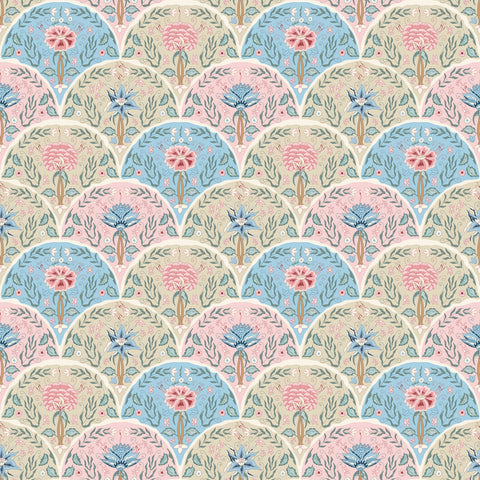 A wallpaper with a floral pattern featuring scalloped edges and a mix of blue and pink flowers.