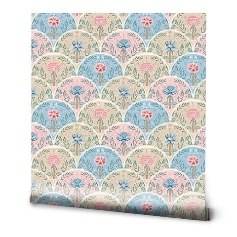 A roll of wallpaper with a floral pattern featuring blue and pink colors.