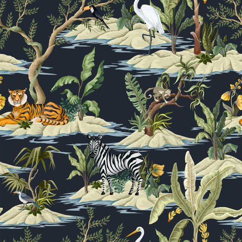 A wallpaper featuring a jungle watering hole with various animals such as tigers, zebras, and birds surrounded by foliage.