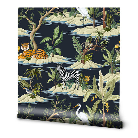 A roll of removable wallpaper with a jungle watering hole scene, featuring tigers, zebras, and various foliage against a dark background.