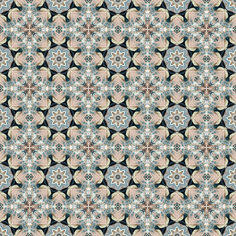 Wallpaper with kaleidoscope-inspired geometric pattern in beige, blue, and black star motifs
