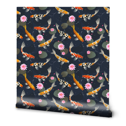 A roll of removable wallpaper with a serene koi pond design, featuring colorful fish and pink lotus flowers against a dark background.