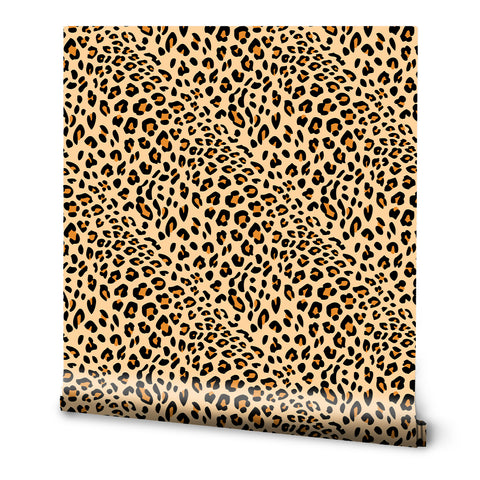 A roll of removable wallpaper with a leopard skin pattern, featuring various shades of beige and brown.