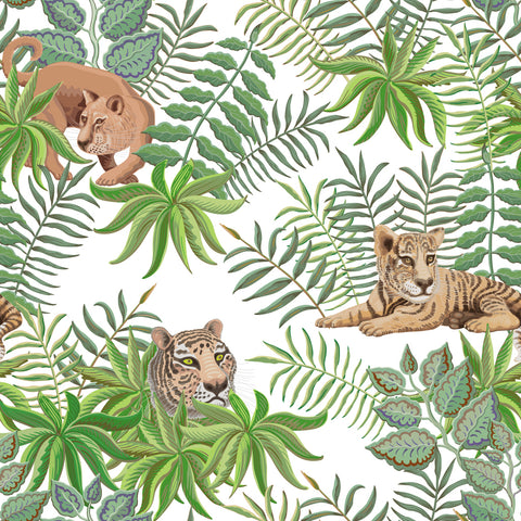 A wallpaper pattern featuring illustrations of lions, tigers, and leafless trees in a jungle setting.