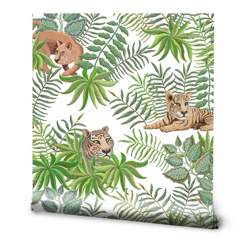 A roll of removable wallpaper with a design featuring lions, tigers, and lush green leaves.
