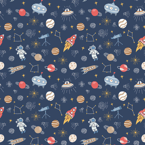 removable wallpaper with a space-themed pattern, featuring rockets, planets, and stars on a blue background.
