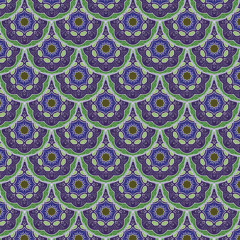 A wallpaper with intricate Arabesque designs featuring a repeating pattern of geometric shaped mandalas in purple and green hues.