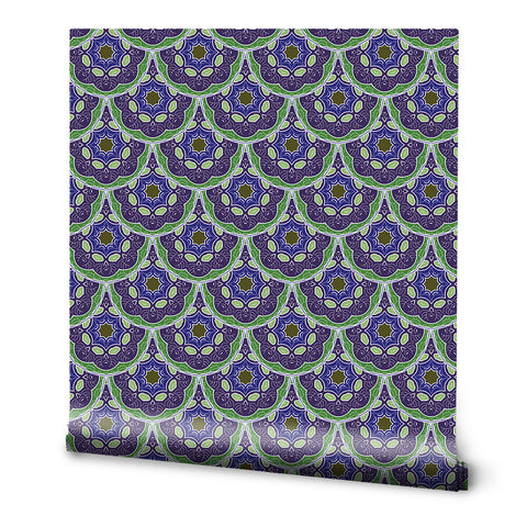 A roll of Many Mandalas removable wallpaper with a geometric Arabesque pattern in purple and green colors.