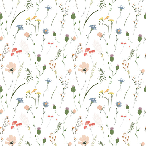 floral wallpaper with a pattern of various meadow flowers.