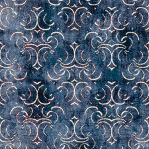 Roll of dark blue wallpaper with ornate vintage-inspired beige and gold pattern
