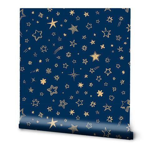 Removable wallpaper featuring a dark blue background with a pattern of golden stars.