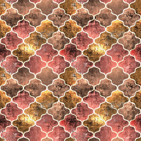 Moroccan tile wallpaper in copper, brown and red tones with textured geometric pattern