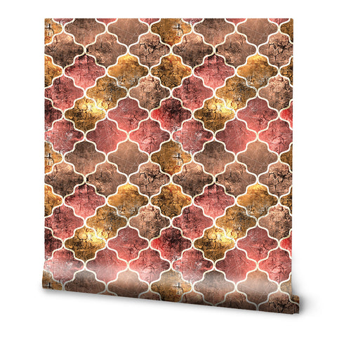 Moroccan tile wallpaper in copper, brown and red tones with textured geometric pattern