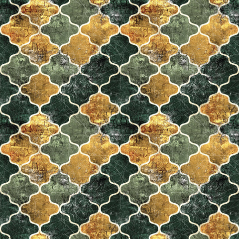 Luxury Moroccan tile wallpaper in green, gold and grey geometric pattern roll