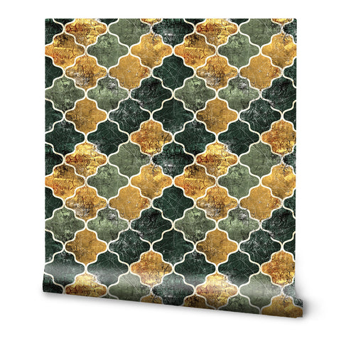 Luxury Moroccan tile wallpaper in green, gold and grey geometric pattern roll