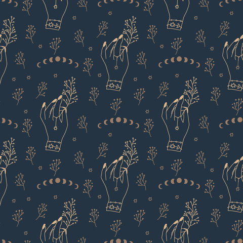 removable wallpaper with a pattern featuring hands holding plants and other whimsical dark hand art on a navy background.