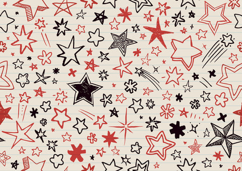 A wallpaper with a pattern of various colorful stars in red, black, and white on a beige background.