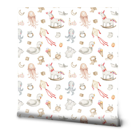 A roll of wallpaper with a playful pattern of various baby toys in beige, white, and red colors.