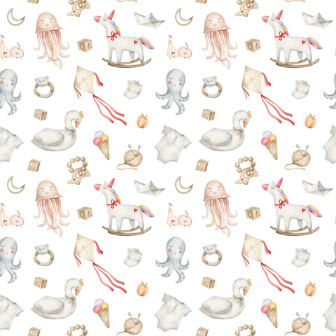 wallpaper with a playful pattern of various baby toys in beige, white, and red colors.