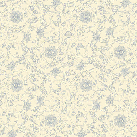 off white floral wallpaper with a pattern of flower tendrils.