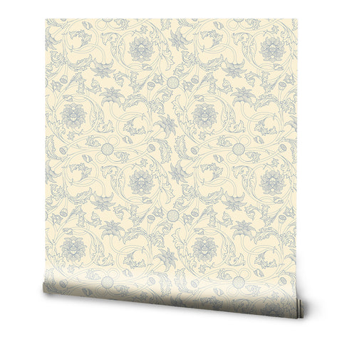 A roll of off white floral wallpaper with a pattern of flower tendrils.