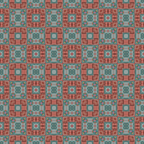 Wallpaper roll with geometric square tile pattern in red, teal, and blue tones