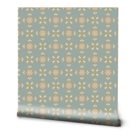 Ornamental Warm Tones Removable Wallpaper - Beige & Soft Blue