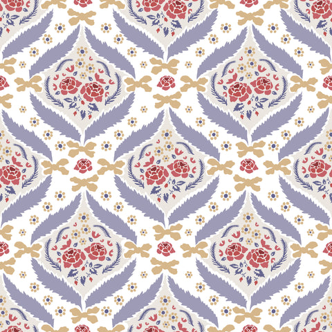 Red and blue floral wallpaper with beige and lavender accents, ideal for bedroom or living room walls